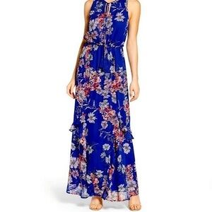 Anthropologie GREYLIN Flowy ruffle tiered vibrant blue floral maxi dress size XS